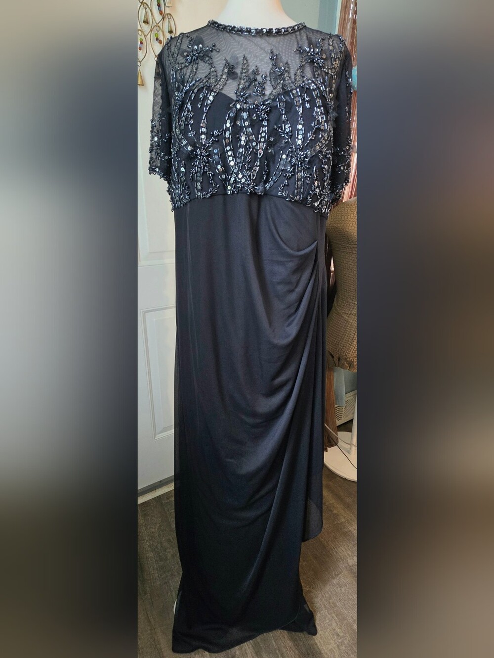 Xscape Beaded Illusion Short Sleeve Sheath Gown Womens 18W Midnight Blue Sequins